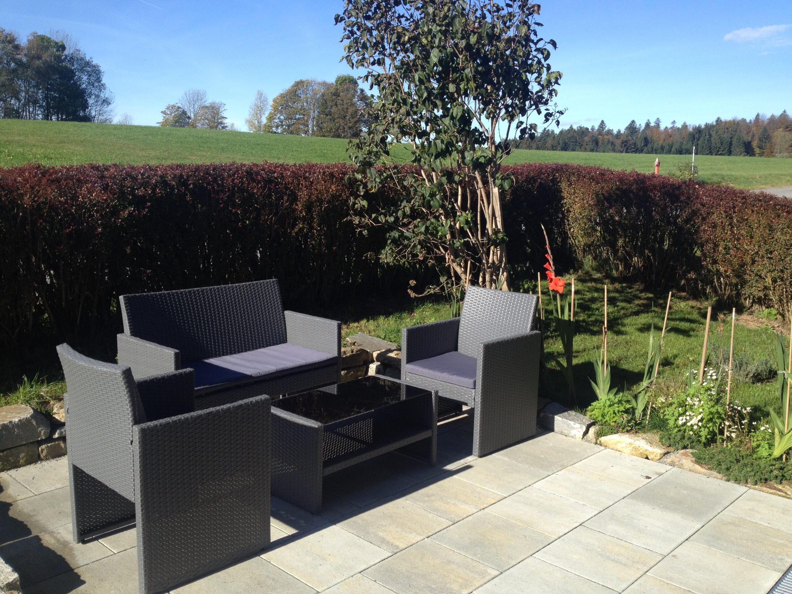 Ferienhaus Kreuzbergblick Bayerischer Wald Sitzbereich Garten